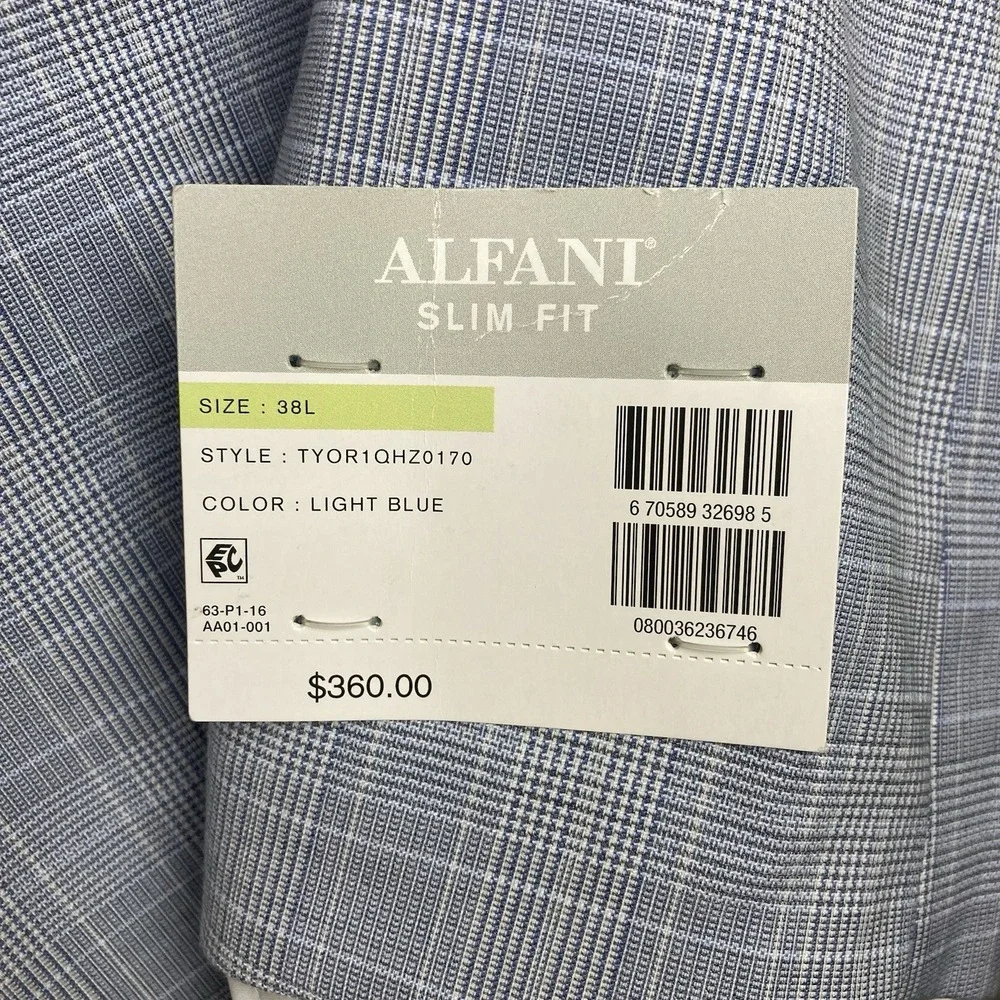 Alfani Men's Slim-Fit 2-pc Suit Jacket Stretch Plaid Size 38L Pants 30Wx30L Blue